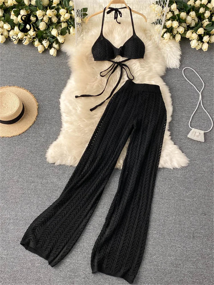 Short Tops+Chic Hollow Knitted Wide Leg Long Pants Two Piece Suit
