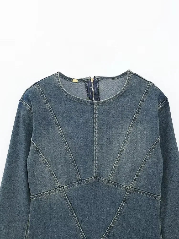 Casual Maxi Dress Long Sleeve Slit Denim O-neck Long Sleeve Jean