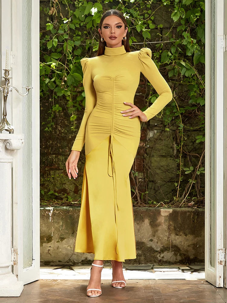 Elegant Long Sleeve Yellow Mermaid Maxi Dresses for Women Satin Patchwork Drawstring Bodycon Evening Party Dress