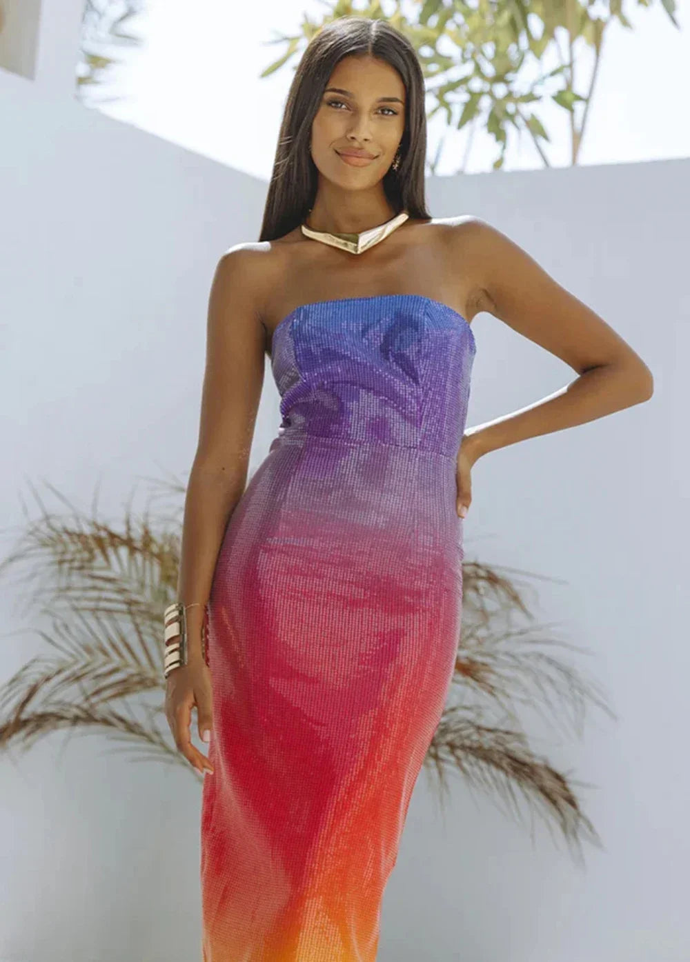 Rainbow Luxury Strapless Cocktail Dress Sequin Tight Fit Dress Backless Party Club Evening Dress