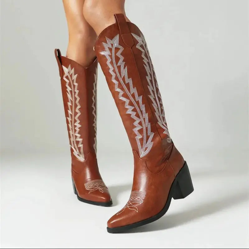 Botas Cowboy Western Knee High Boots Brown Chunky Heel Black Cowgirl Shoes