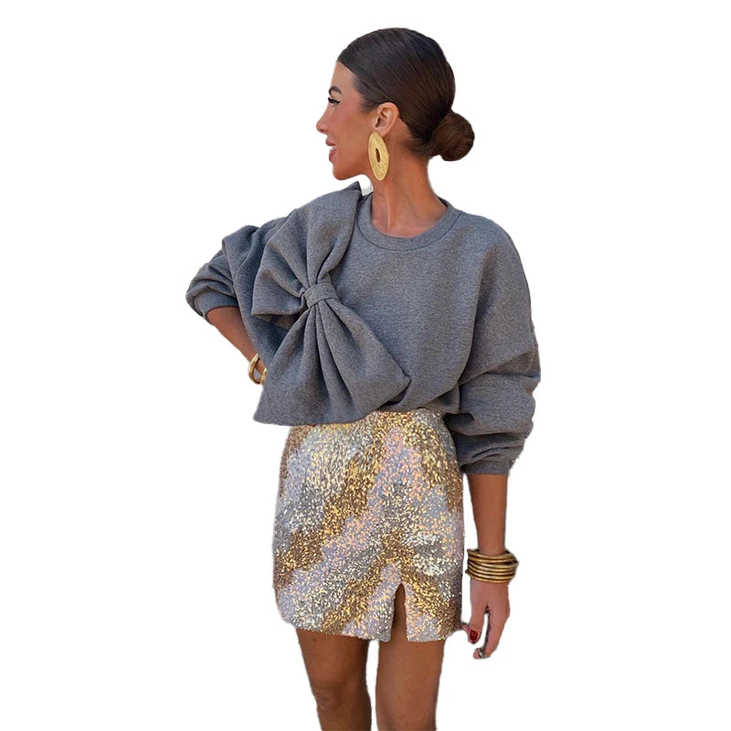 Elegant Front Big Bow Knit Pullover O Neck Long Sleeve Gray Sweet Sweater Tops