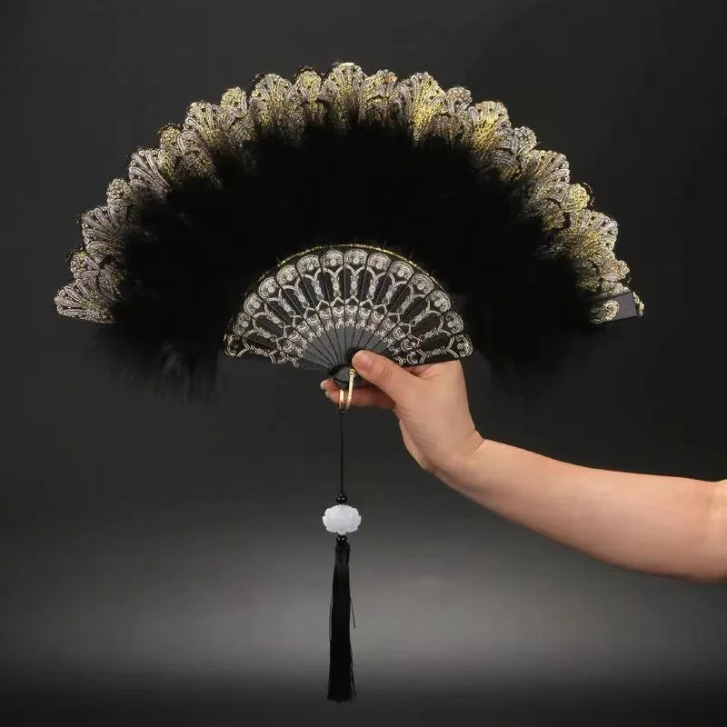 Feather Folding Fan Japanese Sweet Fairy Girl Dark Gothic Court Dance Hand Fan with Pendant Gift Wedding Party Decoration