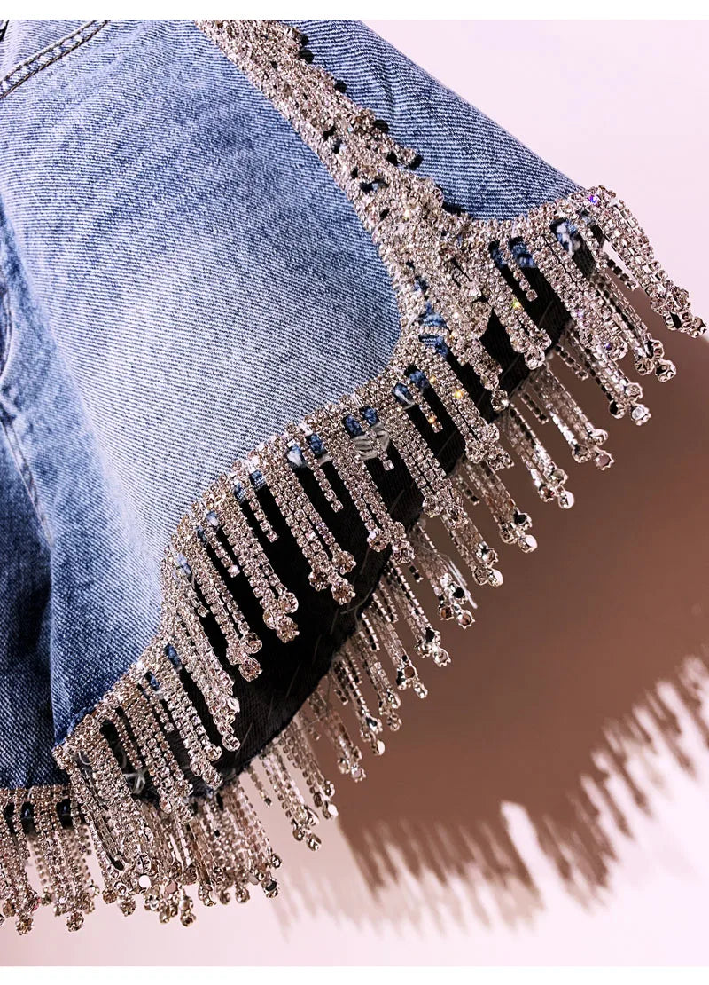 Rhinestone Fringed High Waist Denim Shorts Flash Wimen's High-end Diamond Tassel Short Jeans Hot Pants 2025