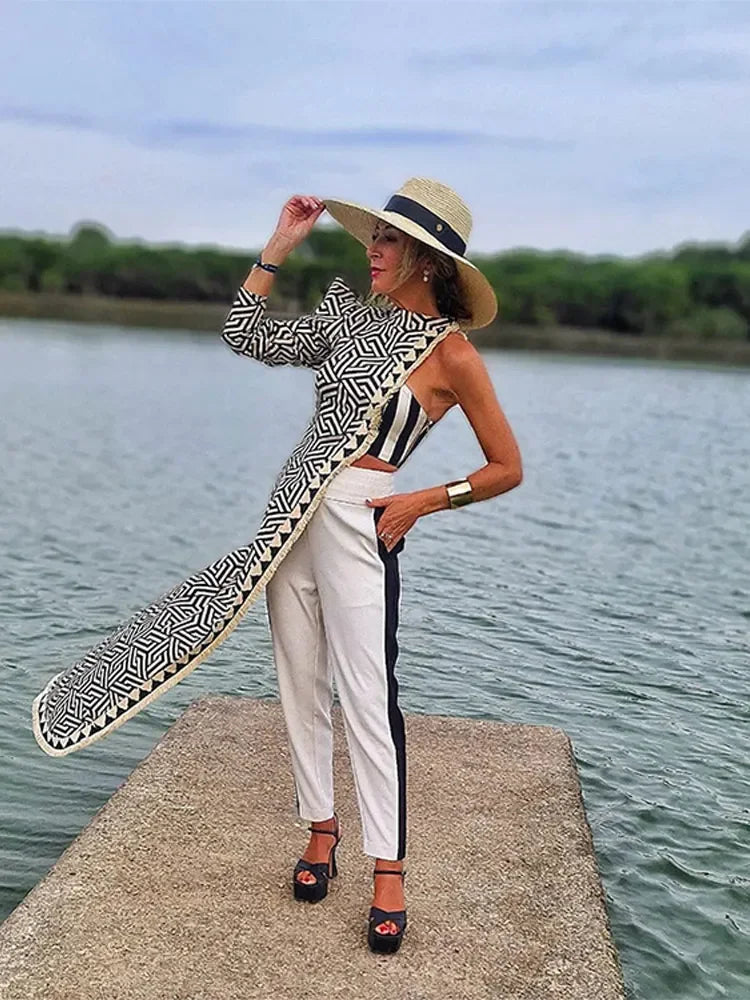 Asymmetrical Printed Pants Suit Elegant Single Shoulder Full Sleeved Long Top Set l