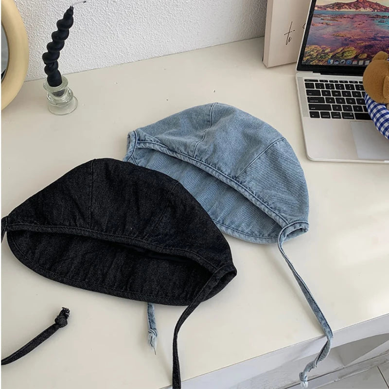 Japanese and Korean Retro Denim Bucket Hat Women's Fashion Tie Four Seasons Washed Denim Basin Hat Short Brimmed Sun Hat