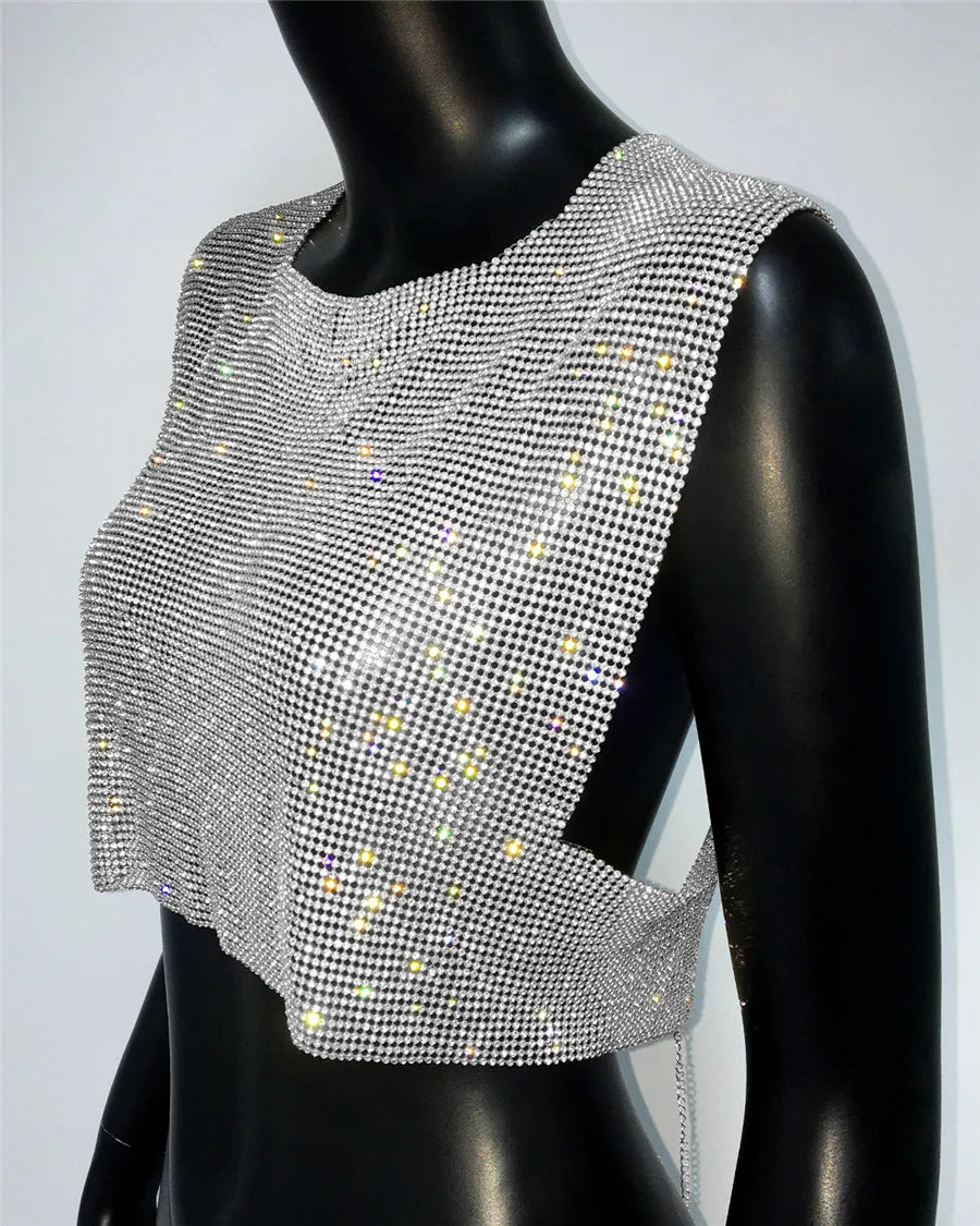Shiny Rhinestone Sequins Crop Top Sexy Backless Round Neck Metal Tank Top