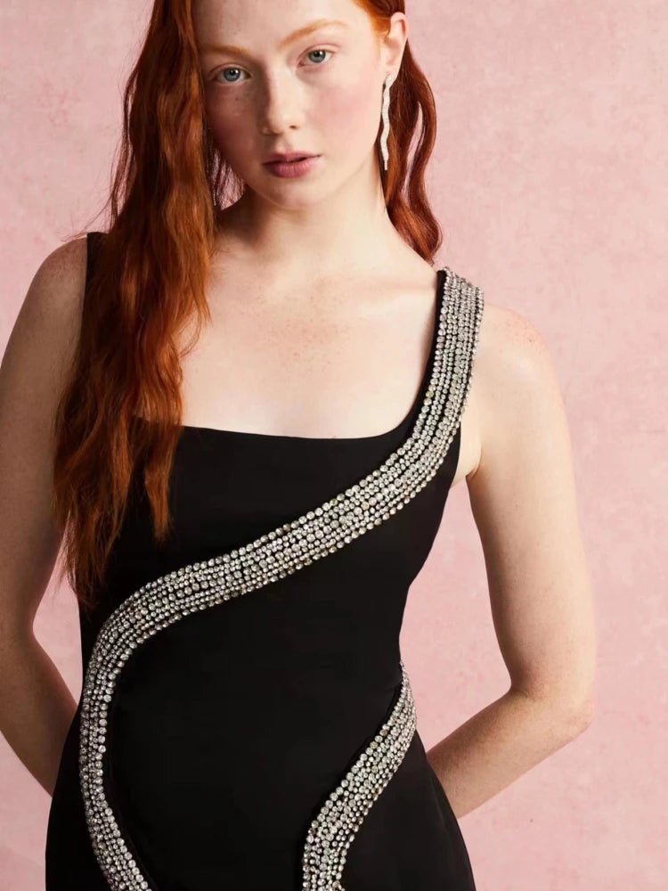 Square Neck Sparkling Diamonds Bandage Dress Women Black Sleeveless Diamond Midi Bodycon Dress Elegant Party