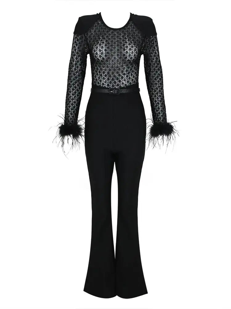 Designer Feather See Through Glitter Black Bandage Bodycon High Street Celebrity Jumpsuit Rompers