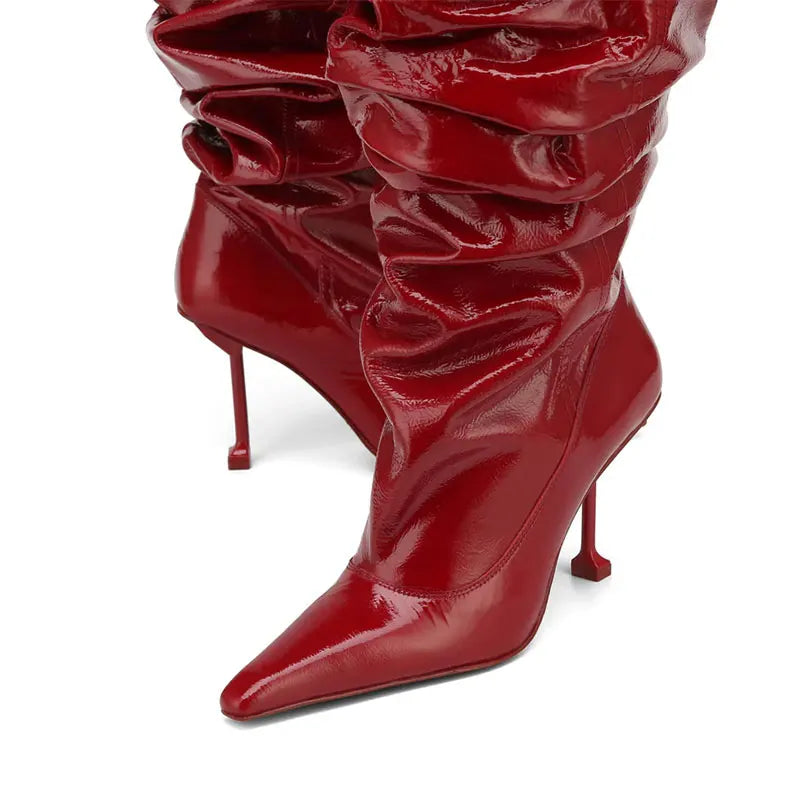 New Wrinkled Patent Leather Pointed High-heeled Stacked Boots with Large Tube Circumference, European and American Long Boots