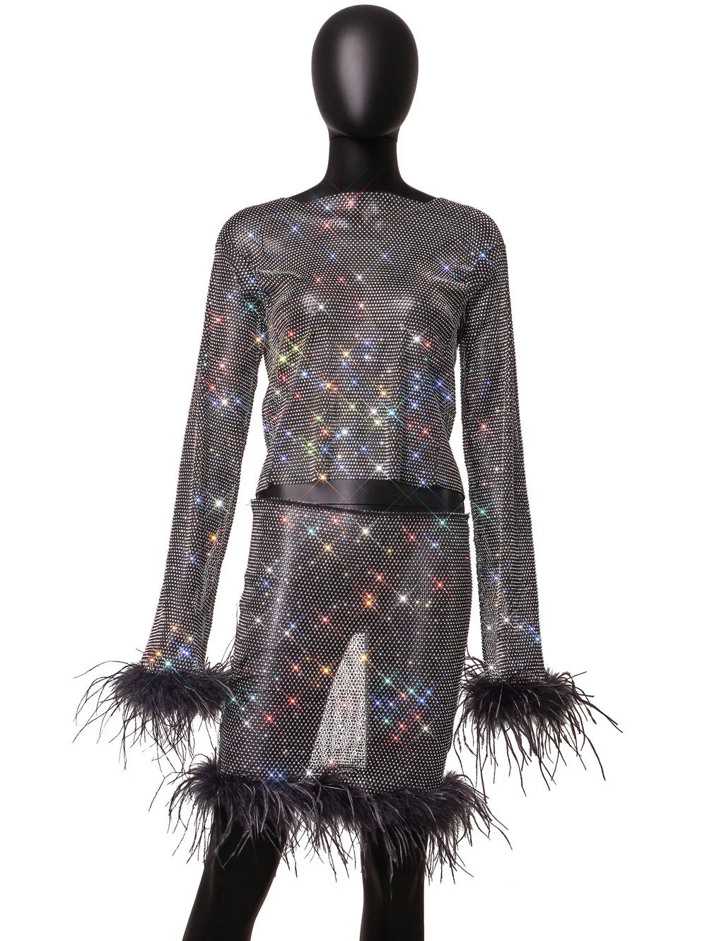 New Flash Diamond Mesh Cutout Long Sleeve 2 Pieces Sets