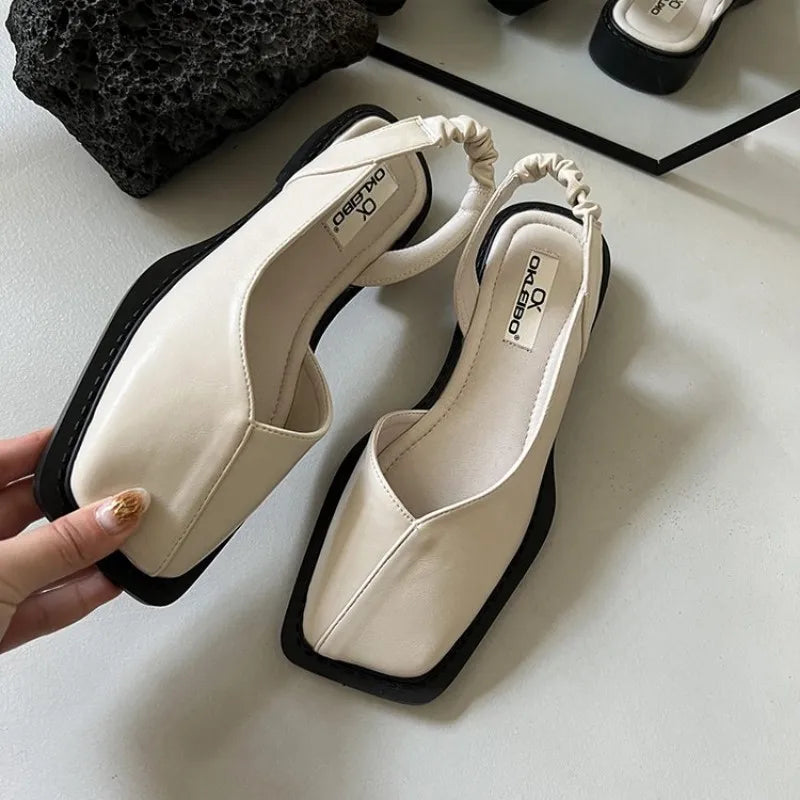 Elastic Band Flat Heel Women Shallow Party Shoes Square Heel Square Toe Sandal