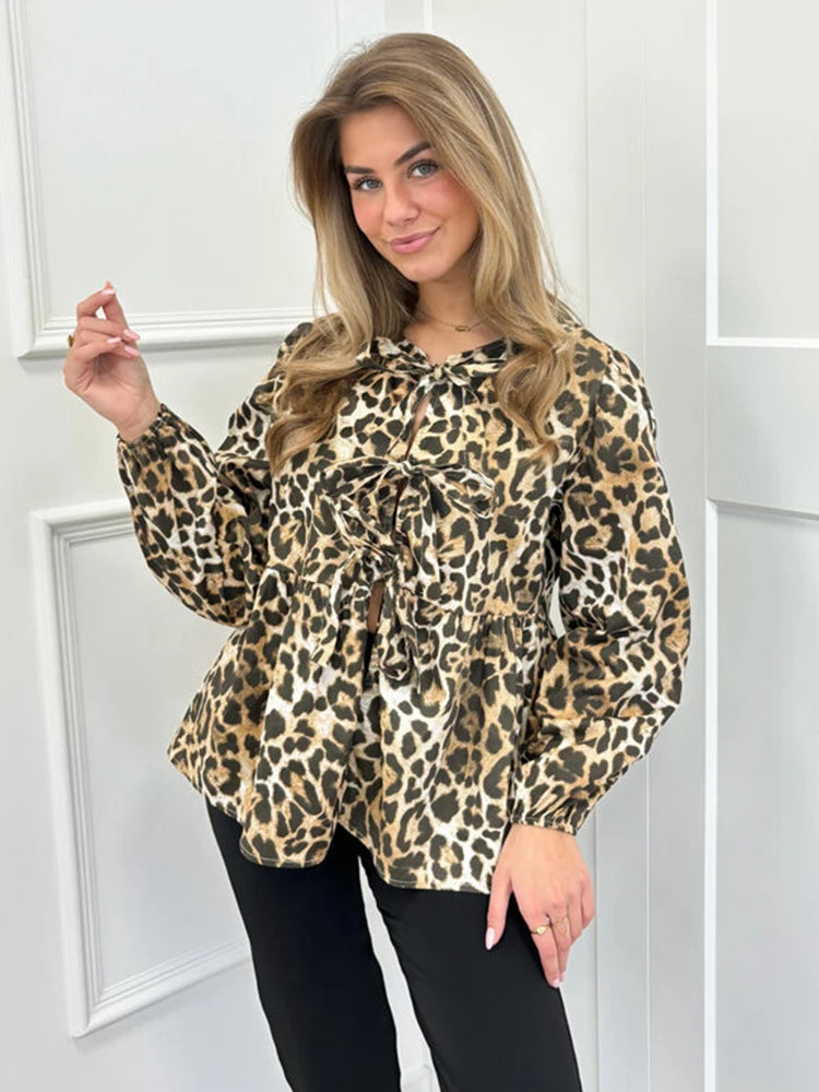 Fashion Leopard Printed Lace Up Shirts