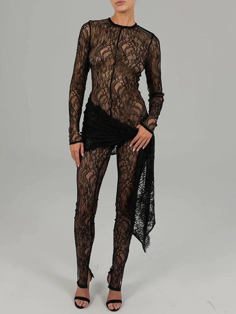 Long Sleeve Lace Jumpsuit Lace See-through Rompers Basic Skinny High Elasticity Leggings
