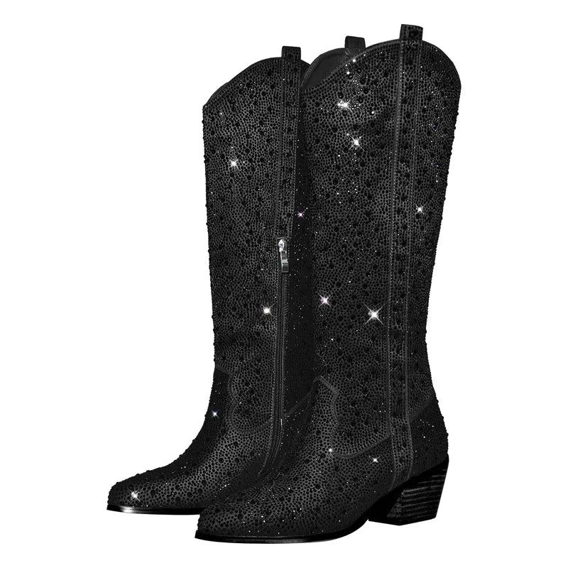 Pointed Toe  Black Rhinestone Boots Knee High Western Cowgirl Boots Glitter Shiny Block Heel Cowgirl Booties