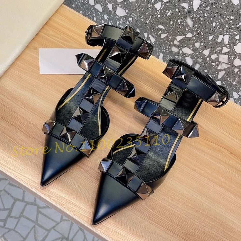 Nude Pointy Rivets Sandals With Heels T-strap Luxury Brand Sandals