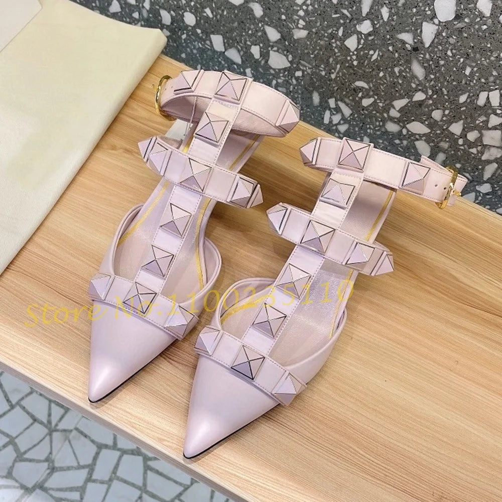 Nude Pointy Rivets Sandals With Heels T-strap Luxury Brand Sandals