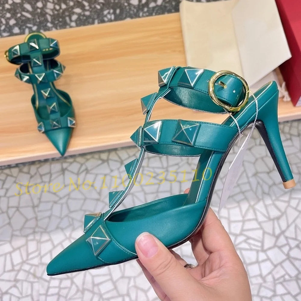 Nude Pointy Rivets Sandals With Heels T-strap Luxury Brand Sandals