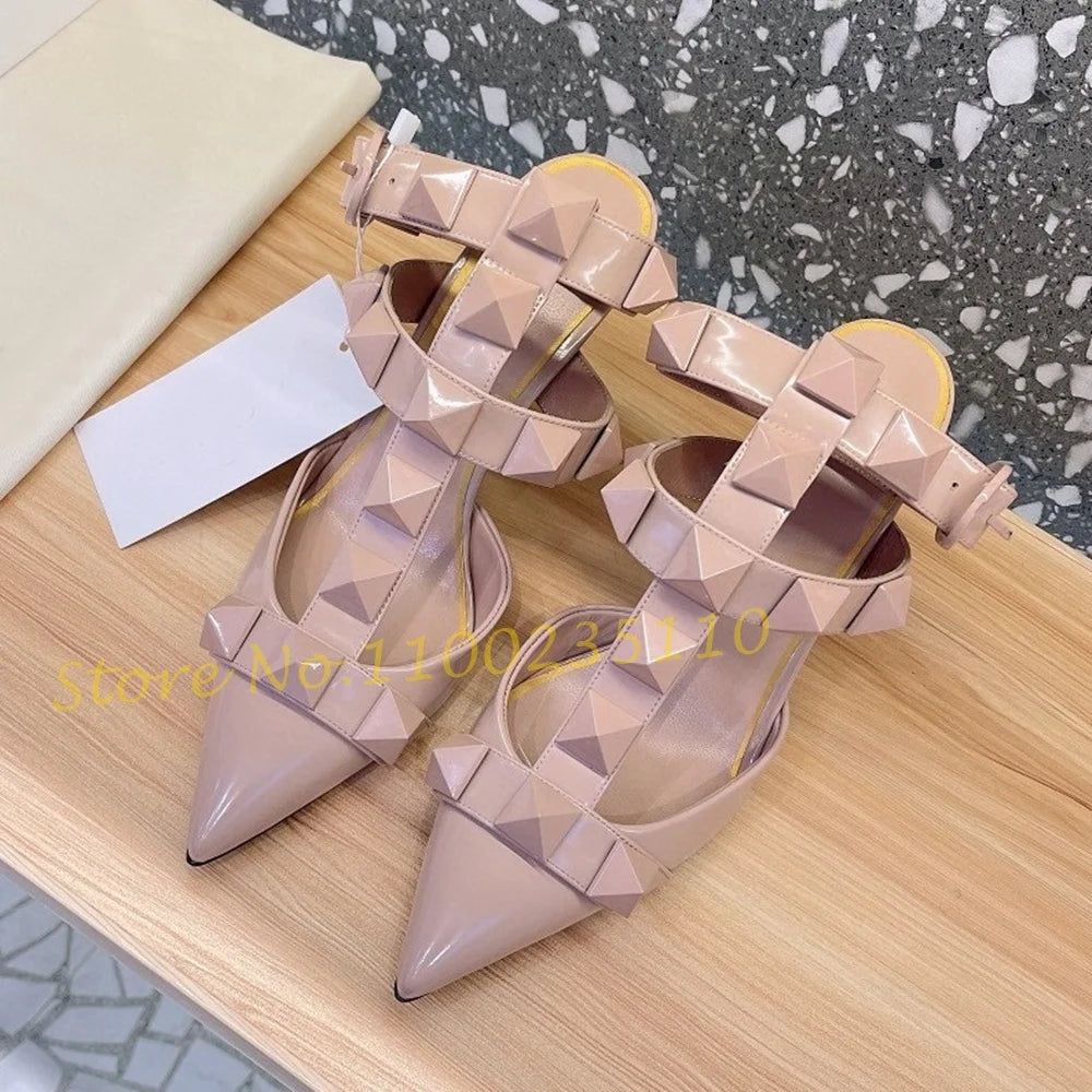 Nude Pointy Rivets Sandals With Heels T-strap Luxury Brand Sandals