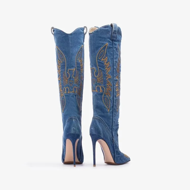 Women's Trendy Cowgirl Cowboy Denim Knee High Boots Long Slip-on Shoes with Thin Heels and Pointed Toe High Heels
