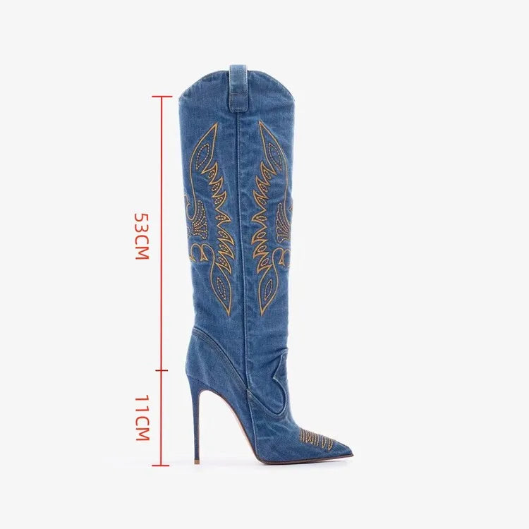 Women's Trendy Cowgirl Cowboy Denim Knee High Boots Long Slip-on Shoes with Thin Heels and Pointed Toe High Heels