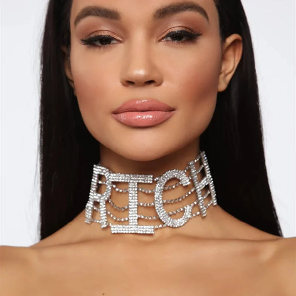 Punk Necklaces Shiny Rhinestone Letter RICH Choker