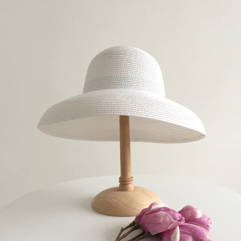 Handmade Women Summer Sun Hat Big Eaves Beach Japanese Hepburn Style Holiday Fold Cap Temperament Flat