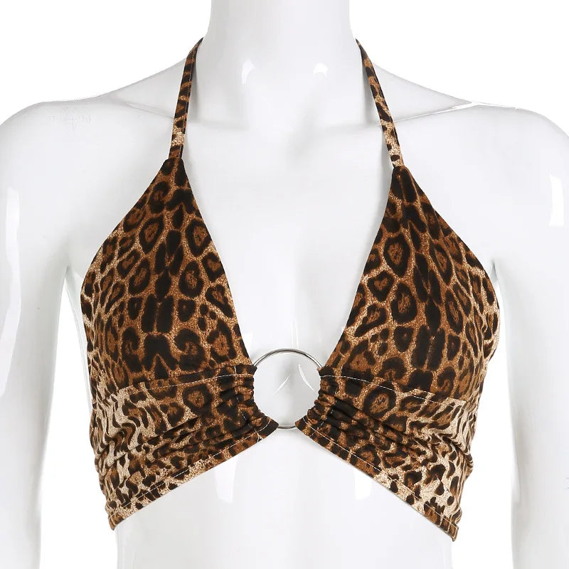Leopard Printed Halter Crop Top Women