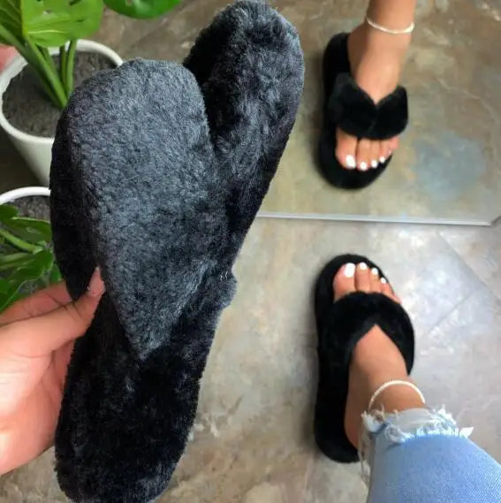 2024 NEW WOMEN thick-soled non-slip plus size plush slippers Fall/winter new home indoor cotton sandals women plush flip flops