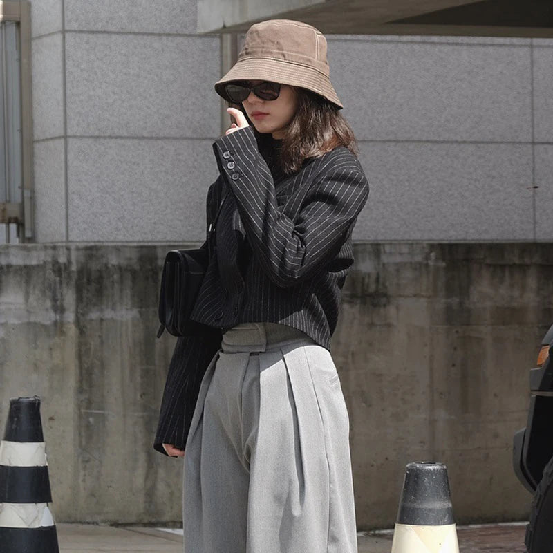 Striped Short Tops For Women Notched Collar Long Sleeve High Waist Casual Blazer