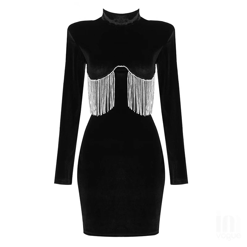 Diamonds Tassel Velvet Long Sleeve Mini Vintage Vestidos Dresses