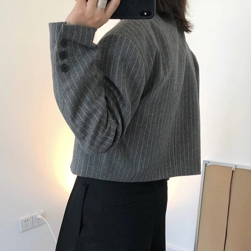 Striped Short Tops For Women Notched Collar Long Sleeve High Waist Casual Blazer