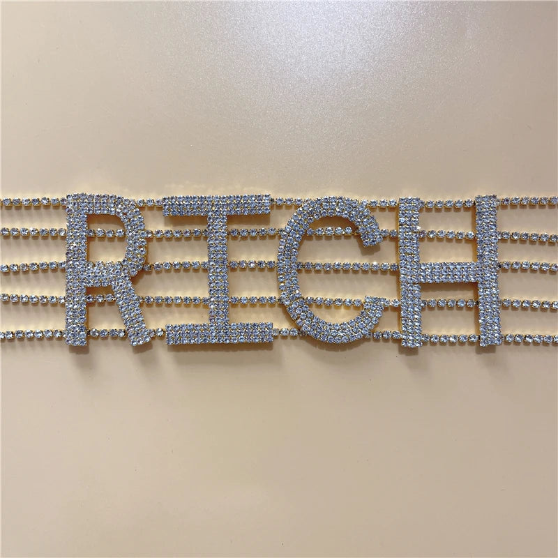 Punk Necklaces Shiny Rhinestone Letter RICH Choker