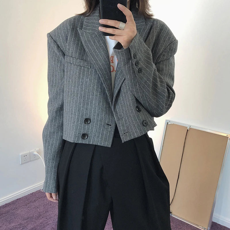 Striped Short Tops For Women Notched Collar Long Sleeve High Waist Casual Blazer