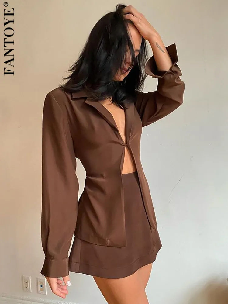 Fantoye Turn-down Collar Button Women Two Piece Set Brown Long Sleeve Top High Waist Skirt Women Autumn Sexy Slim Office Outfits