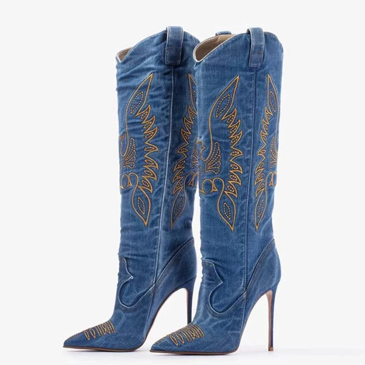 Women's Trendy Cowgirl Cowboy Denim Knee High Boots Long Slip-on Shoes with Thin Heels and Pointed Toe High Heels