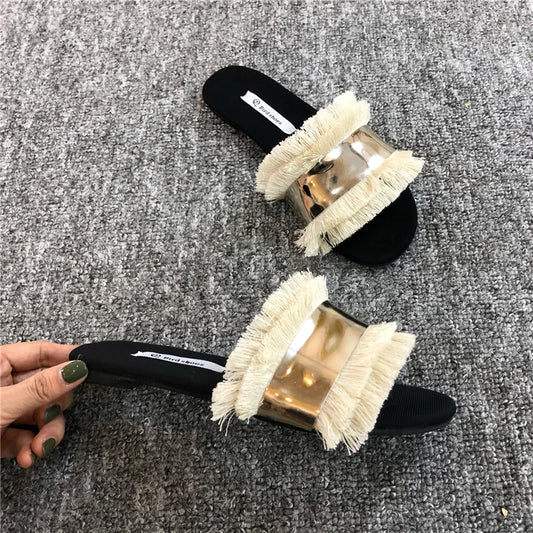 Cozy Shoes Women Fashion Metal Bling Slides Fur Fringe Flip Flops Summer Flat Slides Outside Shoes