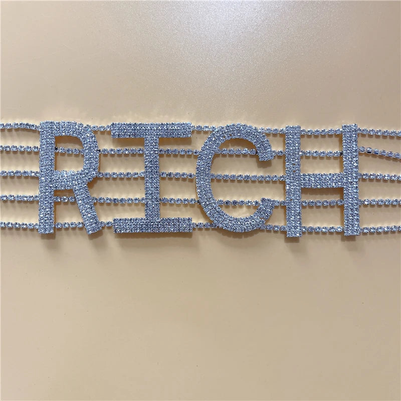 Punk Necklaces Shiny Rhinestone Letter RICH Choker
