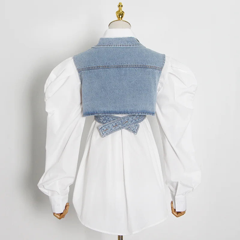 Lapel Puff Sleeve Shirt Denim Two Piece Sets