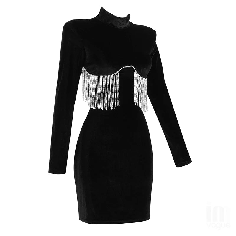 Diamonds Tassel Velvet Long Sleeve Mini Vintage Vestidos Dresses