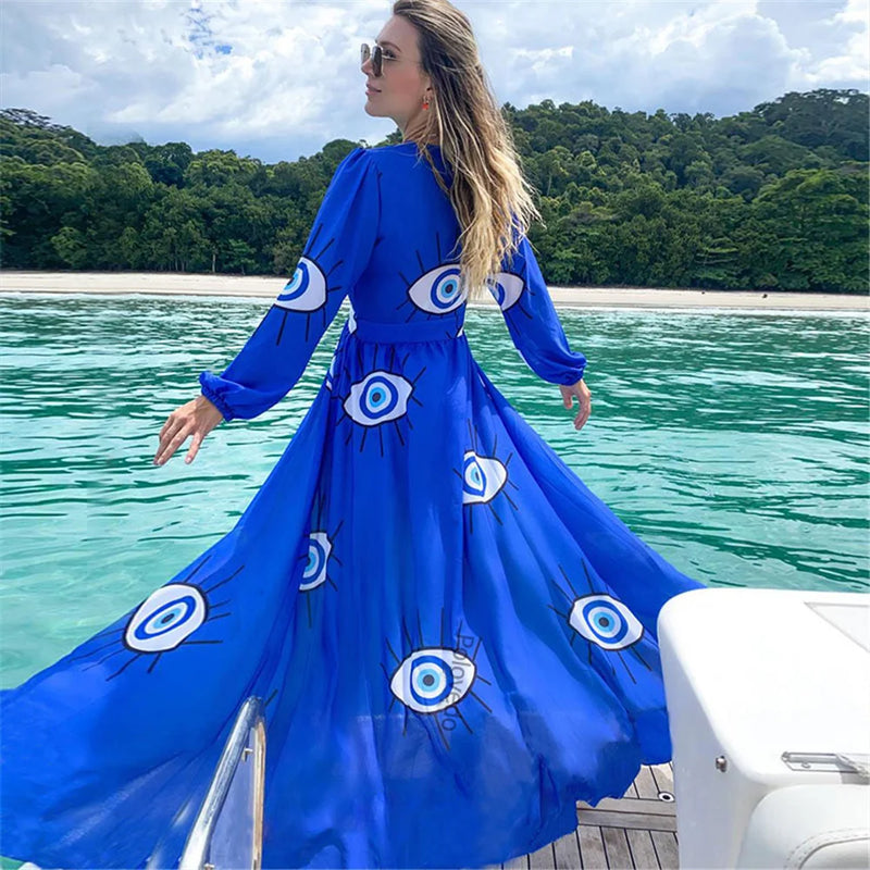 Blue Eyes Bikini Beach Cover up Tunics for Beach Long Kaftan Bikini Cover up Robe de Plage Sarong Beach Swimsuit cover-ups