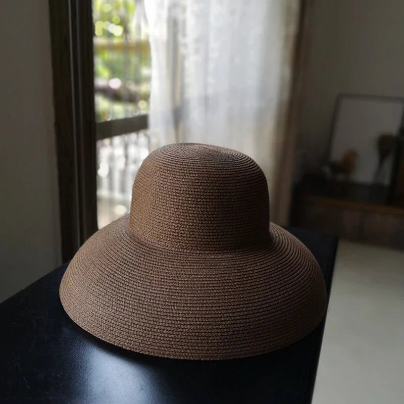 Handmade Women Summer Sun Hat Big Eaves Beach Japanese Hepburn Style Holiday Fold Cap Temperament Flat