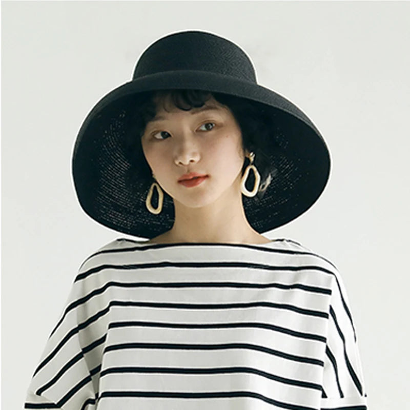 Handmade Women Summer Sun Hat Big Eaves Beach Japanese Hepburn Style Holiday Fold Cap Temperament Flat