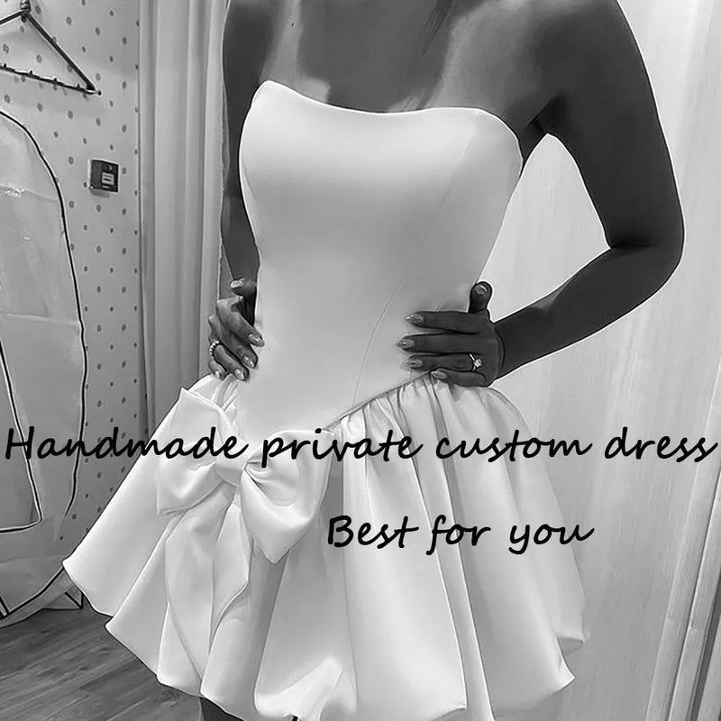 White Satin Short Wedding Party Dresses with Bow Strapless Bridal Gowns Sexy Mini Beach Bridesmaid Dress Lace Up Back