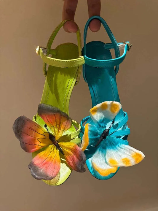2024 Summer New Green Butterfly Crossed Thin Belt Irregular Heel High Heel Sandals Hollow One Button
