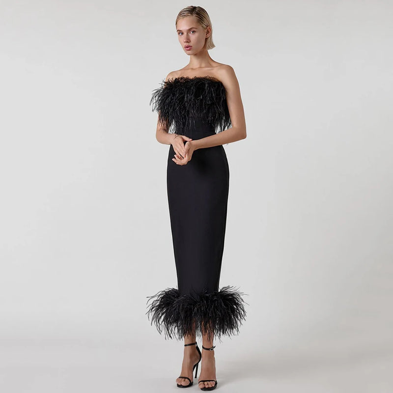 Bandage Feathers Strapless Long Dresses