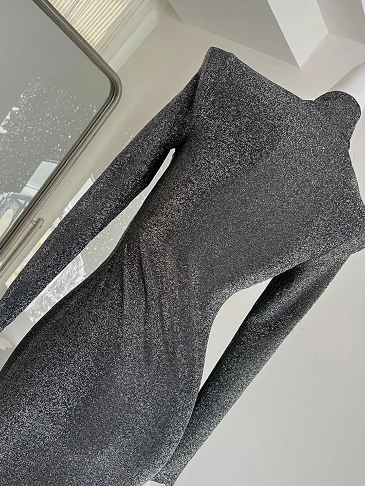 French Elegance Silver Mermaid Dress Sparkly Turtleneck Luxury One-Piece Frocks Party Prom 2000s Aesthetic Sweet Formal Occasion