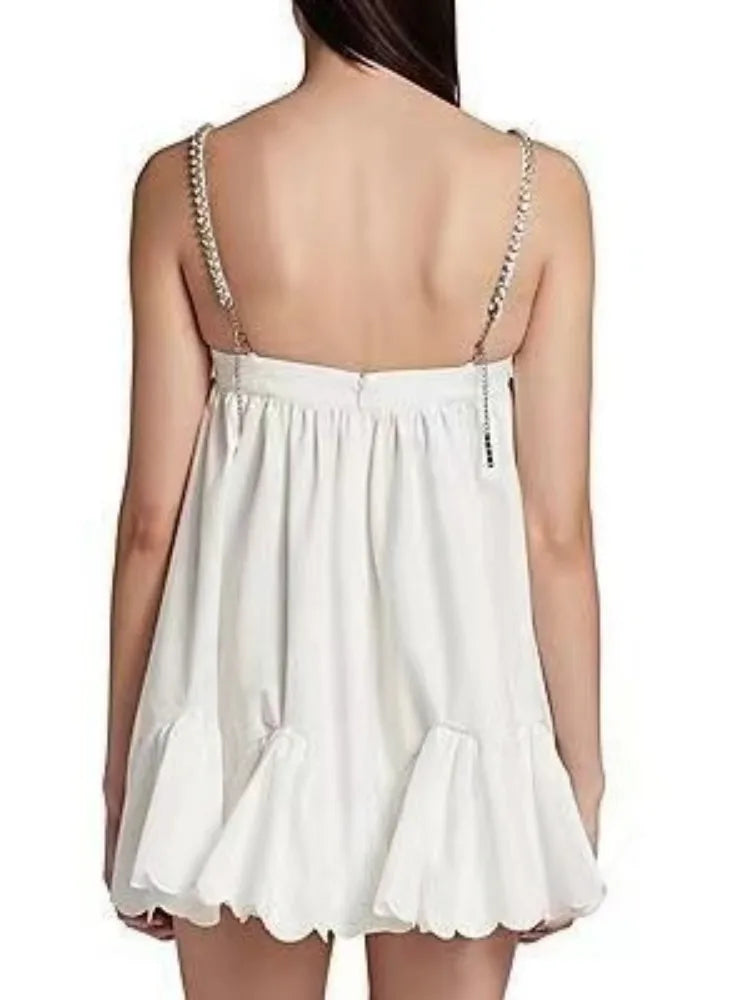 Pleated With Drill Chain Solid Dress