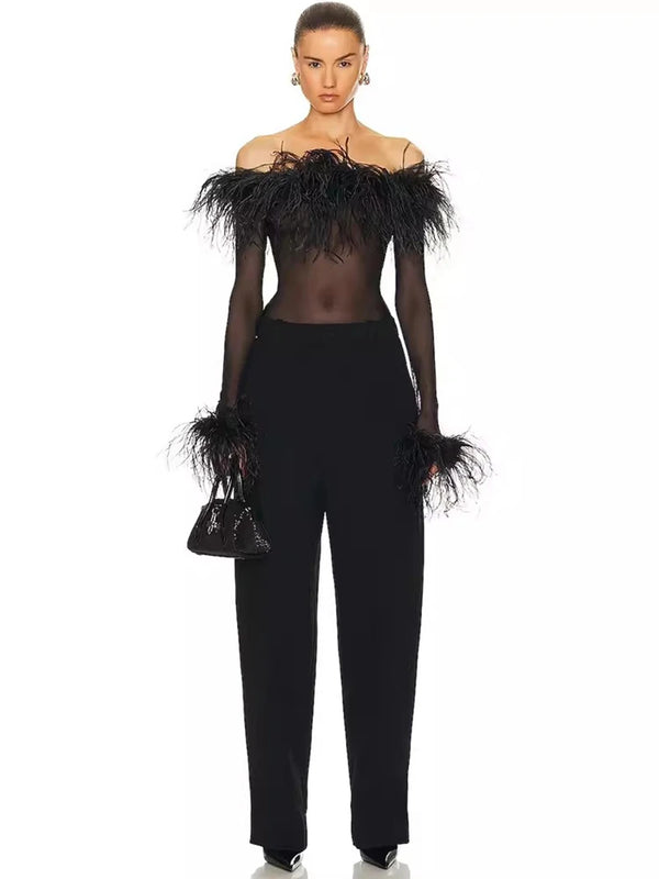 Long Sleeve Crop Shirt with Feather Cuffs Fringed Tassel one shoulder Top Stitching, Luxury, Ladies, Mesh, Summer