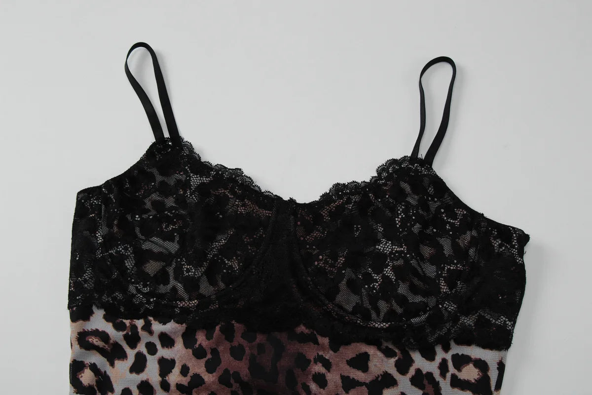 Lace Leopard Print Patchwork Bodycon Dress